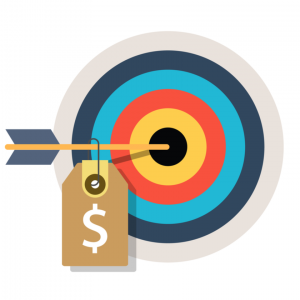 Animation of an arrow with price tag around it in the center of a target