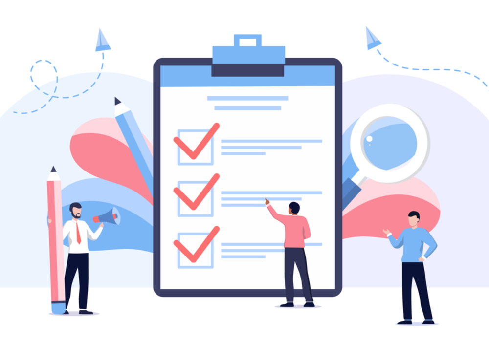 Animation of small figures looking at big checklist survey